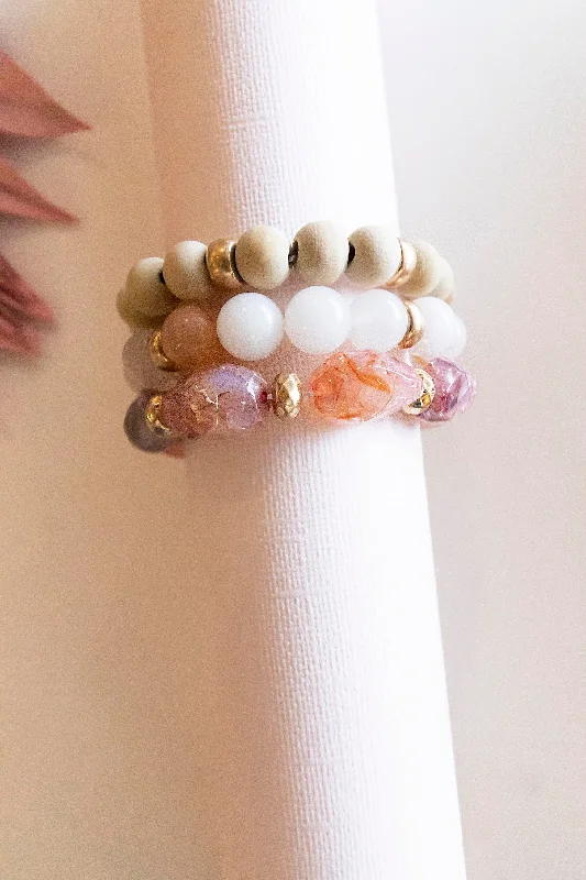 Heather Blush Bracelet Stack | Layering Crystal Wood Pisa Beads