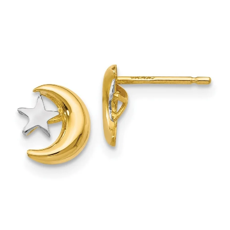 Curata 14k Yellow Gold Rhodium Celestial Moon and Star Post Earrings 10x8mm