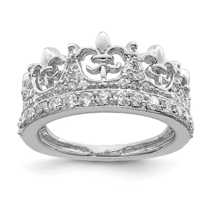 Curata 925 Sterling Silver Polished Open back Fleur de lis Crown CZ Cubic Zirconia Simulated Diamond Ring