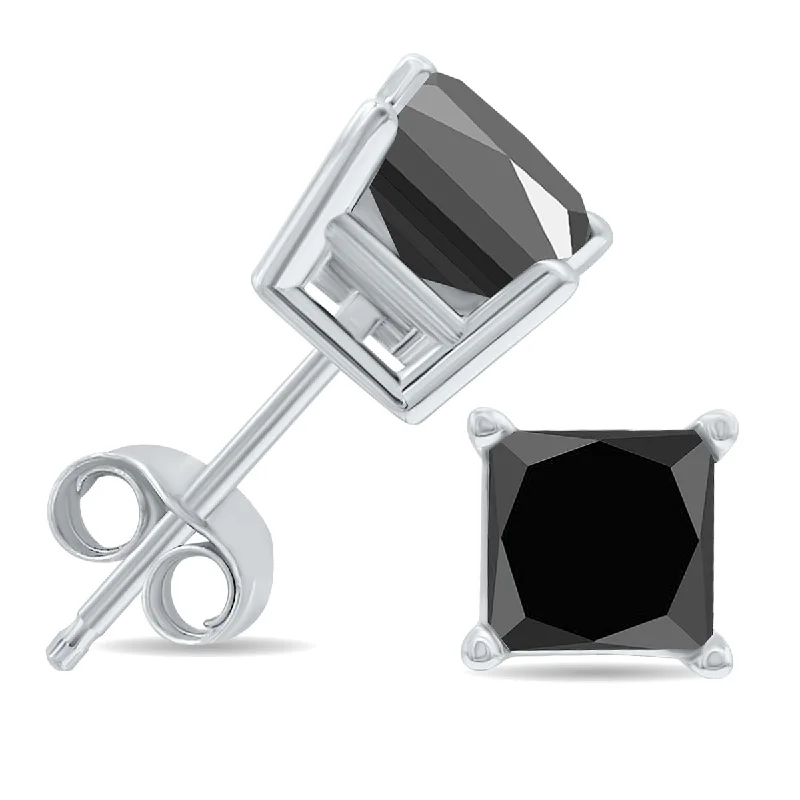 Marquee 2 Carat TW Black Diamond Princess Cut Solitaire Stud Earrings in 10K White Gold