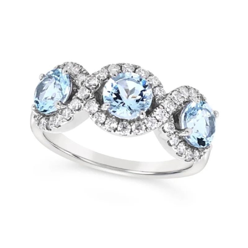 Three Round Aquamarine and Diamond Halo Ring