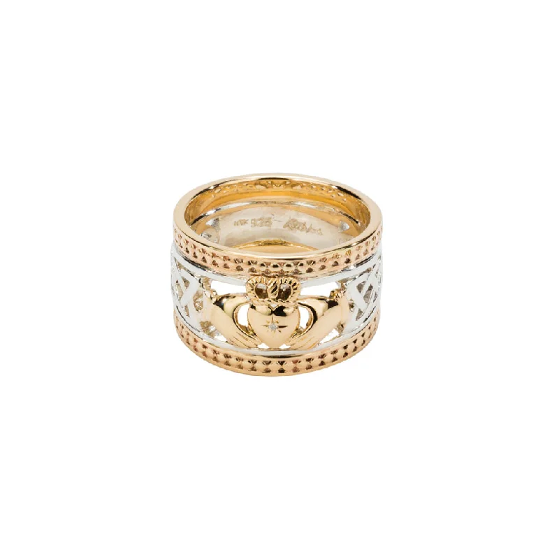 Silver and 10k Gold Claddagh Diamond Set Shield Ring