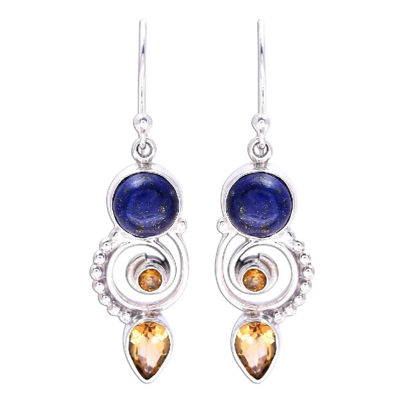 NOVICA Majestic Spirals, Citrine and lapis lazuli dangle earrings - 2.4