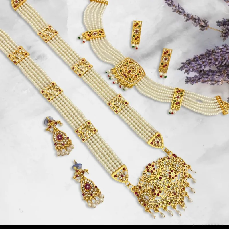 Trilok Jewel Gold Plated Austrian Stone And Pearl Long Necklace Set