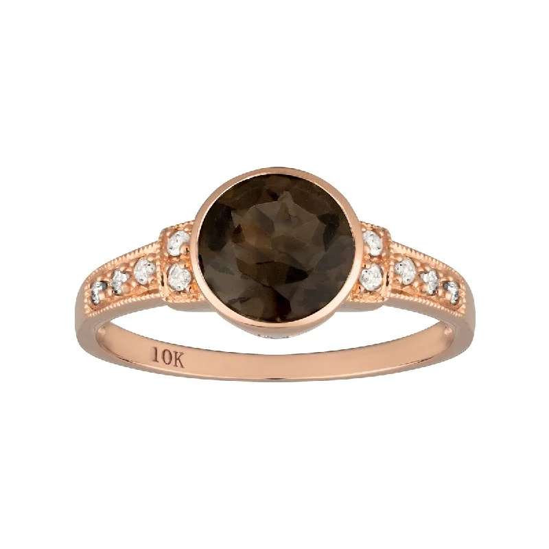 Viducci 10k Rose Gold Vintage Style Genuine Round Smoky Quartz and Diamond Ring