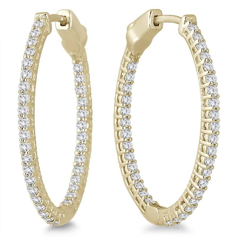 Marquee 1 Carat TW Oval Diamond Hoop Earrings with Push Button Locks in Yellow Gold