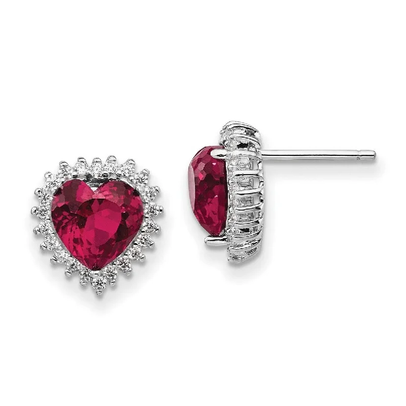 Curata 925 Sterling Silver Faceted Love Heart 100 facet Synthetic Ruby CZ Cubic Zirconia Post Earrings