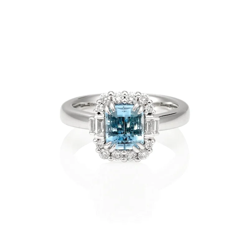 Aquamarine Emerald Cut & Diamond Dress Ring