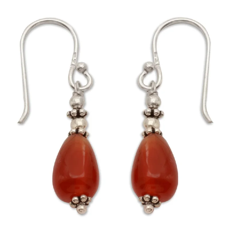 Handmade Sterling Silver Fire Carnelian Earrings (India) - 1.5*0.3