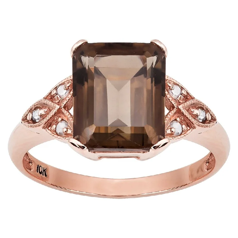 Viducci 10k Rose Gold Vintage Style Smoky Quartz and Diamond Ring