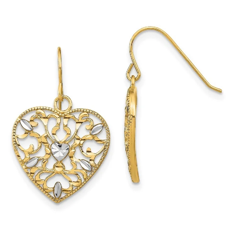 Curata 14k Gold Love Heart Wire Earrings With Filigree Cut out White Leaf Accents - 24x15.5mm Wide