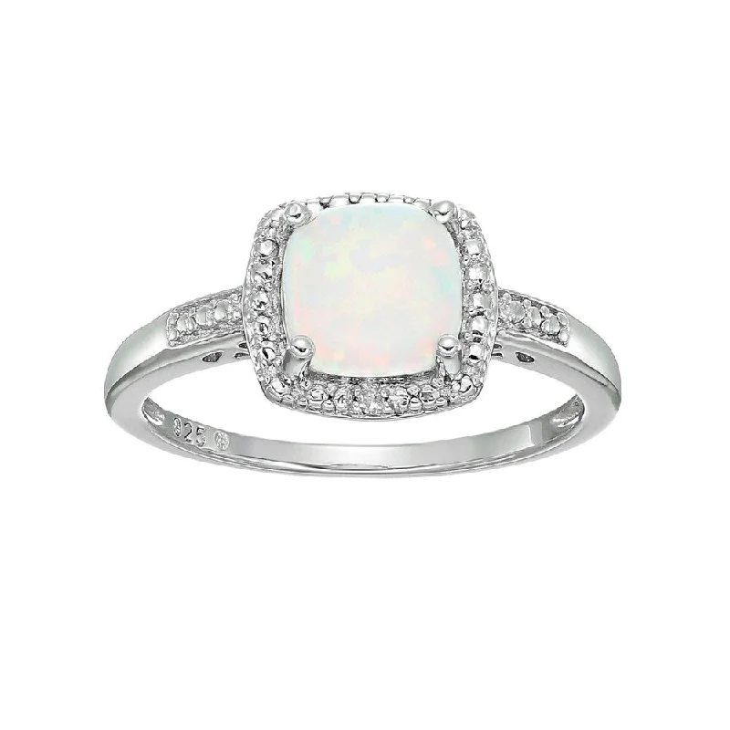 Sterling Silver Cushion Created Opal & Diamond Ring