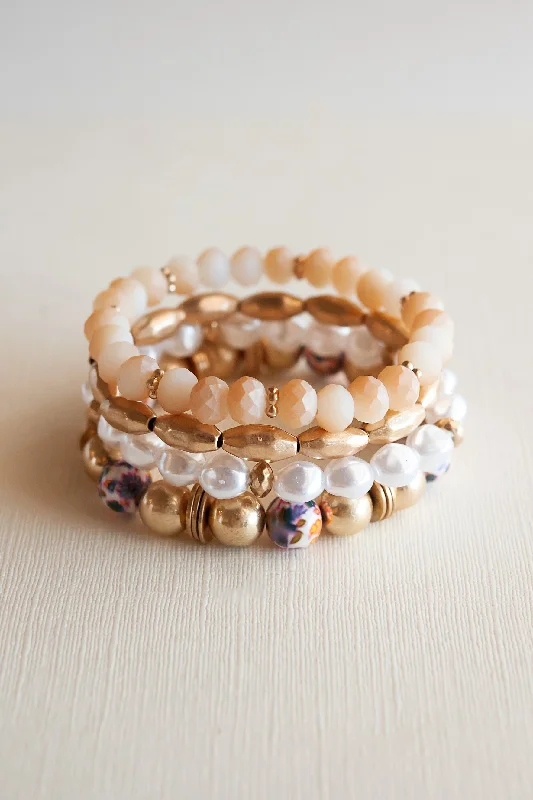 Lannie Blush and Gold Beaded Bracelet | Pearl and Watercolor Bead Bracelet Set