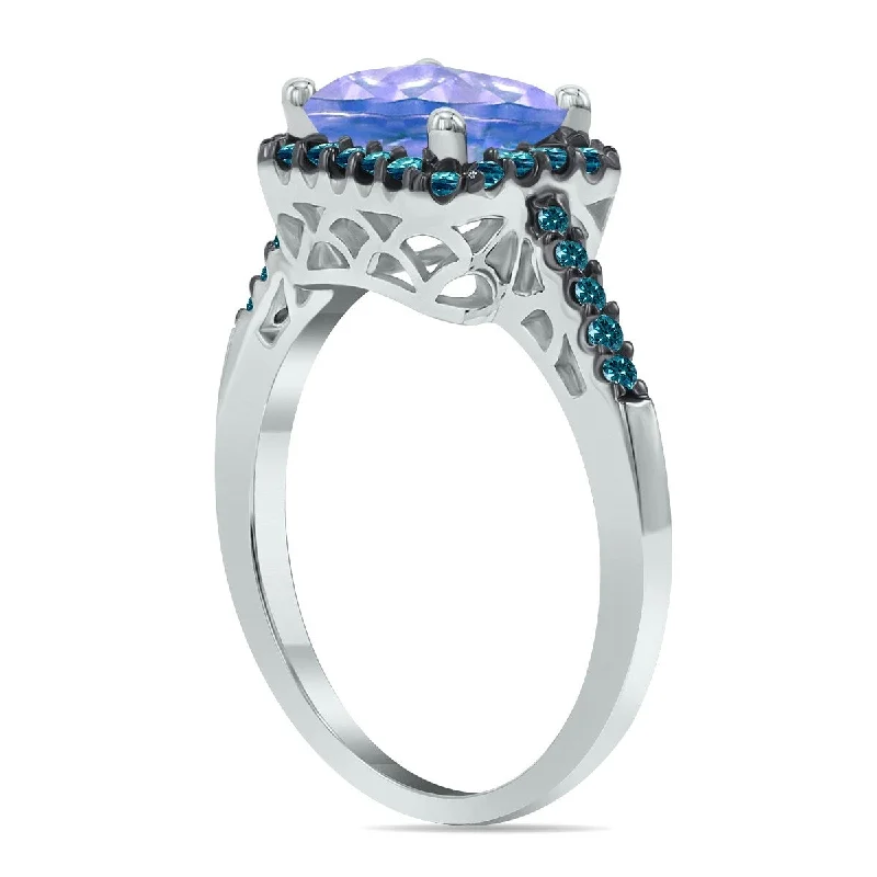 Marquee Jewels 2 1/2 Carat Emerald Cut Tanzanite and 1/3 CTW Blue Diamond Ring in 10K White Gold