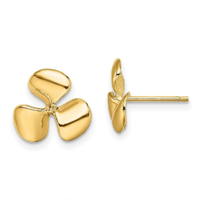 Curata 14k Gold Three Blade Propeller With Center Bead Post Earrings High Polish - 11.95mm long