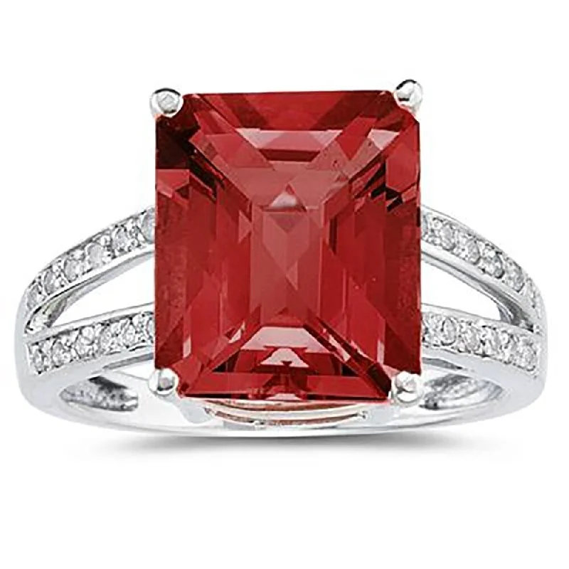 7 Carat Emerald Cut Garnet and Diamond Ring 10k White Gold