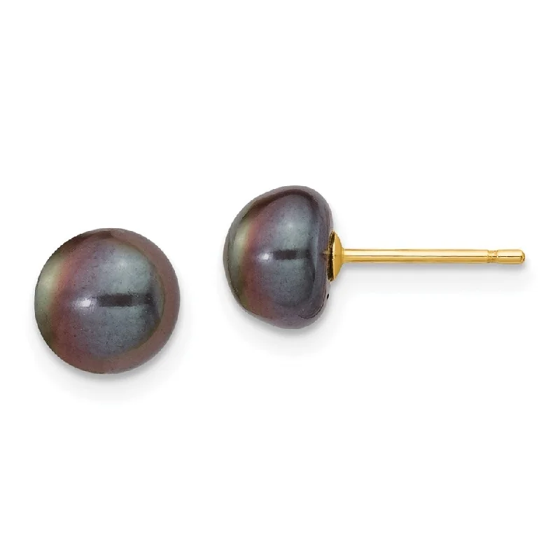 14k Yellow Gold Black Button Cultured Pearl Stud Earrings (L-7 mm, W-8 mm)