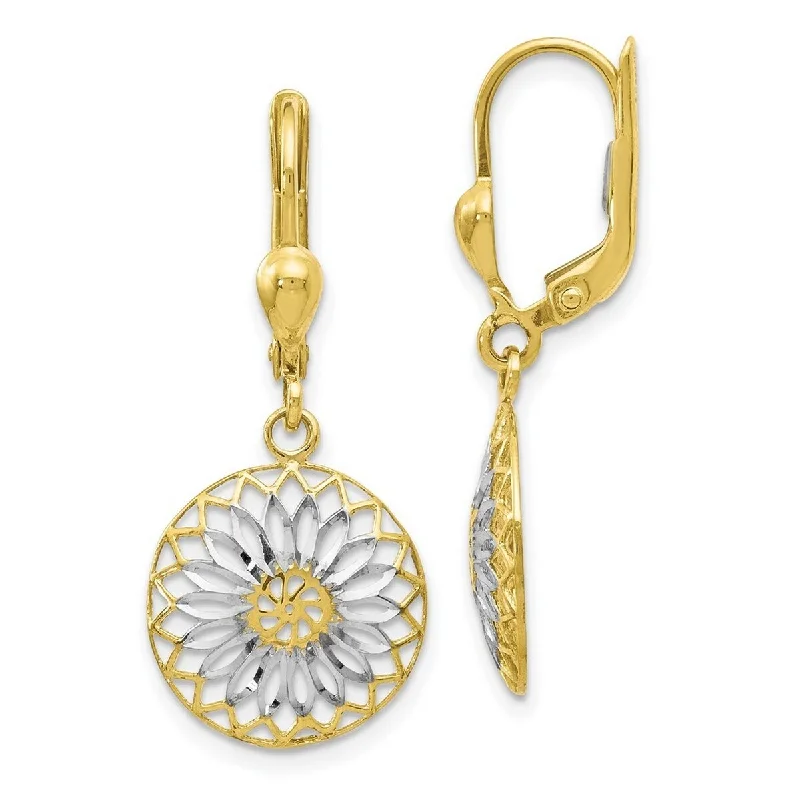 Curata 10k Yellow Gold With White Rhodium Textured Cut out Flower Leverback Earrings 30x8.5mm