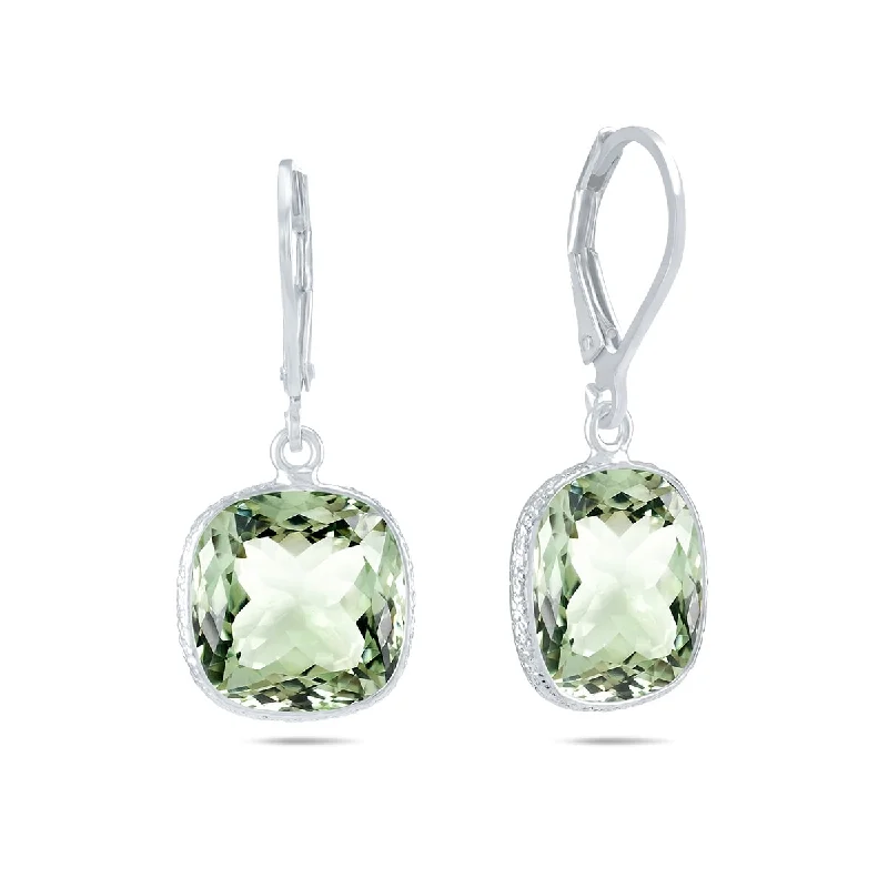 Marquee Cushion Cut 12MM Green Amethyst Drop Earrings in .925 Sterling Silver