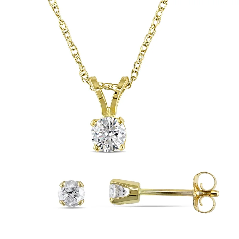 Miadora 14k Yellow Gold 1/2ct TDW Diamond Solitaire Drop Necklace and Stud Earrings 2-piece Set - White