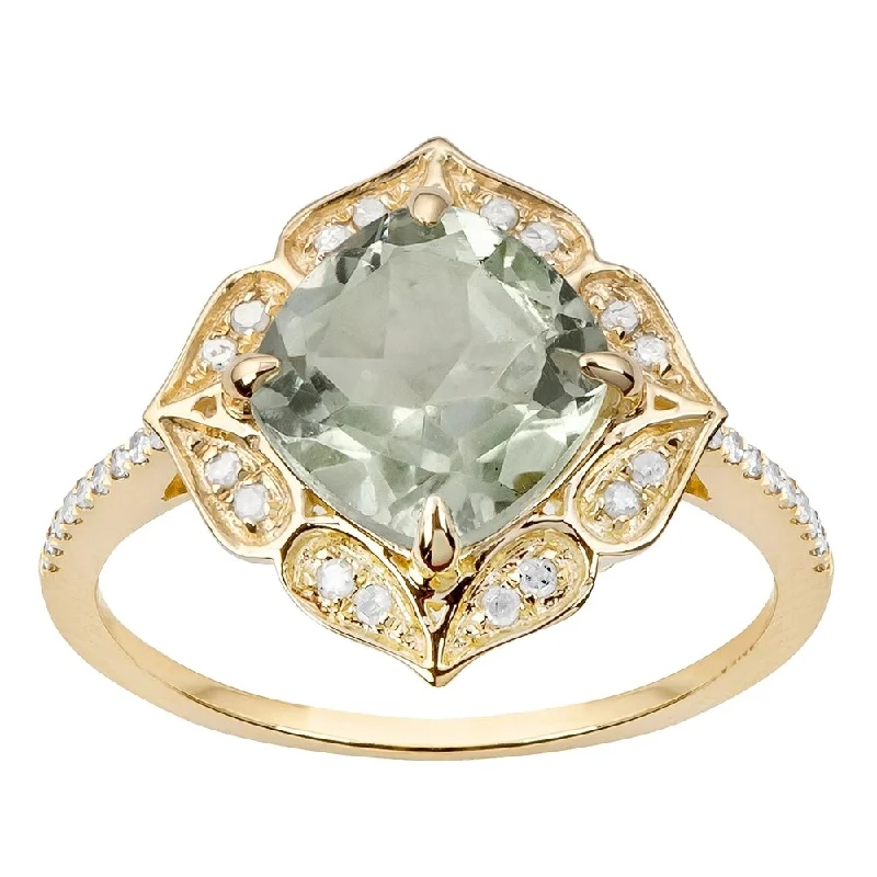 Viducci 10k Yellow Gold Vintage Style Green Amethyst and Diamond Ring