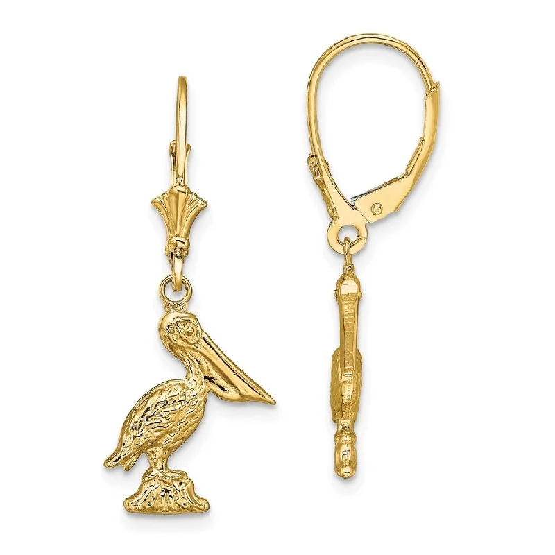 Diamond2Deal 14K Yellow Gold 3-D Pelican Standing Earrings with Leverback (L-33.15 mm, W-12.6 mm)