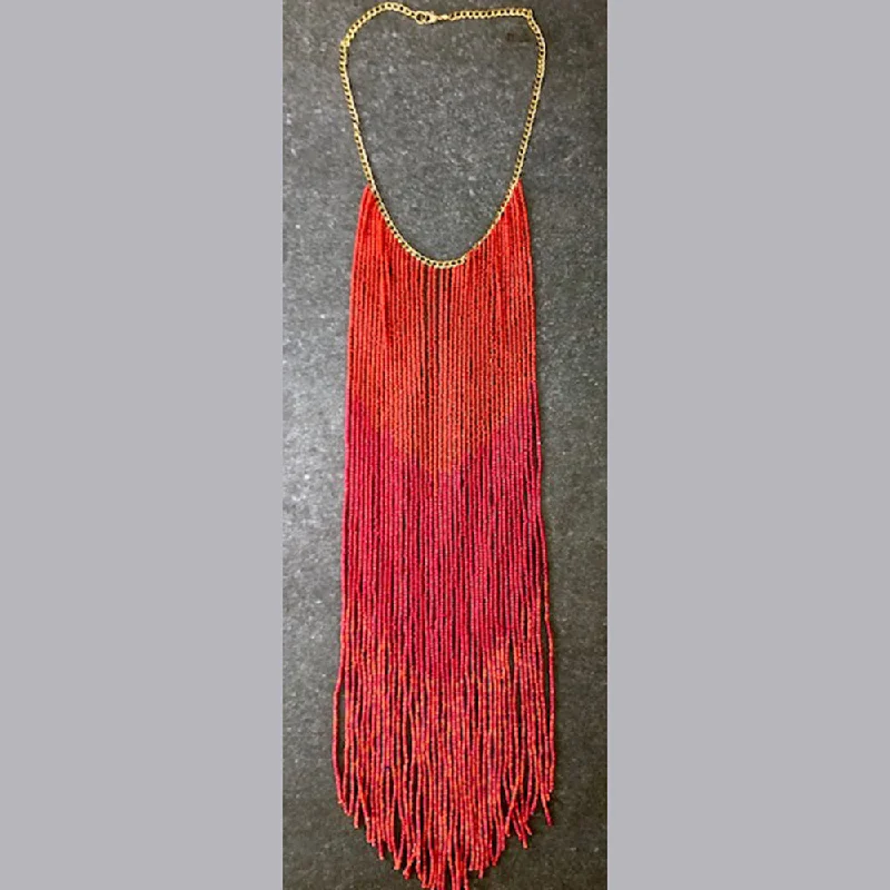 Multi Layered Seed Bead With Gold Metal Chain Necklace