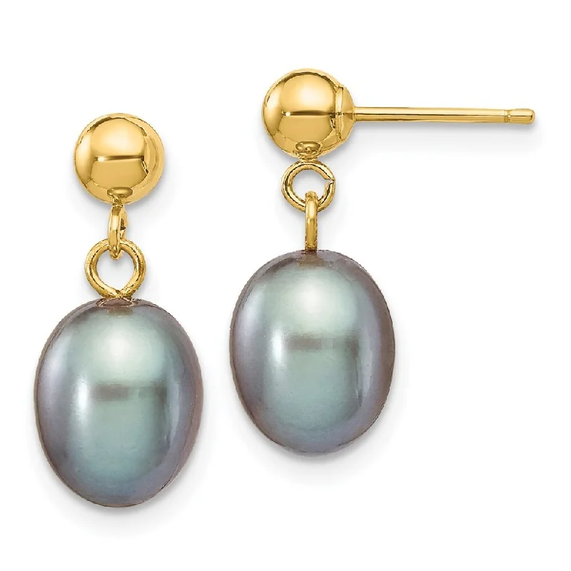 14k Yellow Gold Grey Pearl Dangle Earrings (L-16 mm, W-7.5 mm)