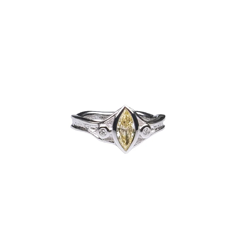 14k White Gold Marquise Cut Certified Lab Grown Fancy Yellow Diamond  0.51ct Rocks 'n Rivers Ring