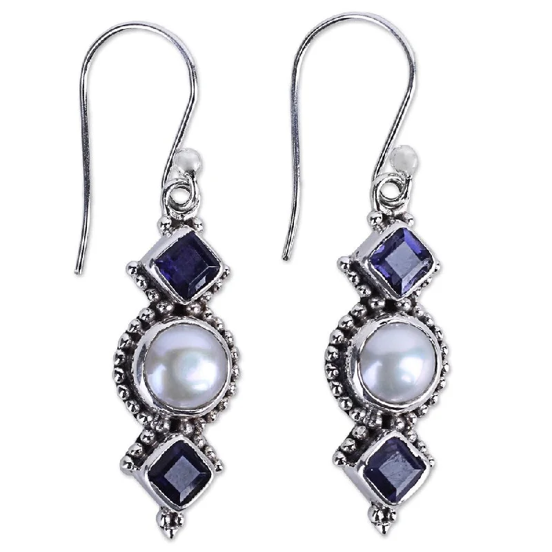 Handmade Lunar Allure Cultured Pearl Iolite Earrings (India) - 1.7*0.4