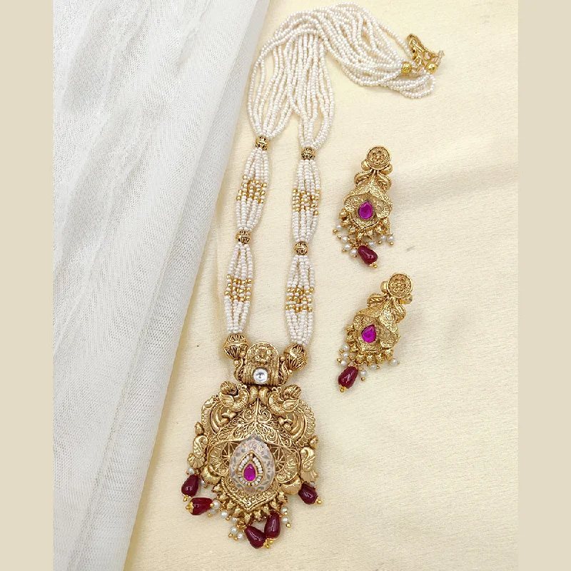 Jewel Addiction Copper Rajwadi Finish Pota Stone And Pearl Long Necklace Set