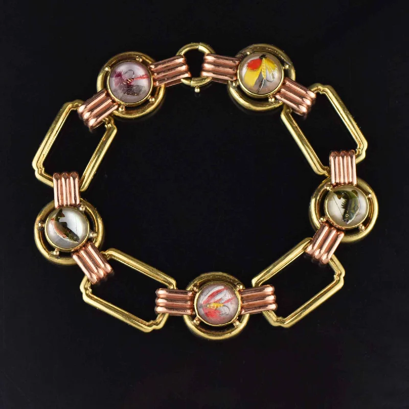 Fine Art Deco 14K Gold Essex Crystal Bracelet, Trout Fishing Lures