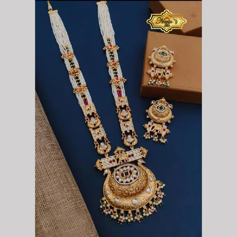 Neetu Art Gold Plated Pota Stone And Pearl Long Necklace Set