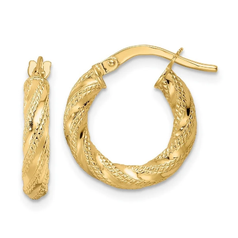 Curata 14k Yellow Gold Textured Twisted 17x3mm Oval Hoop Earrings