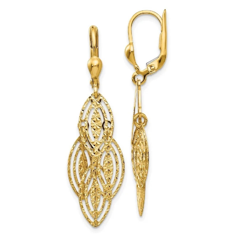 Curata 14k Yellow Gold Textured Intricate Pattern Dangle Leverback Earrings (13mm x 41mm)