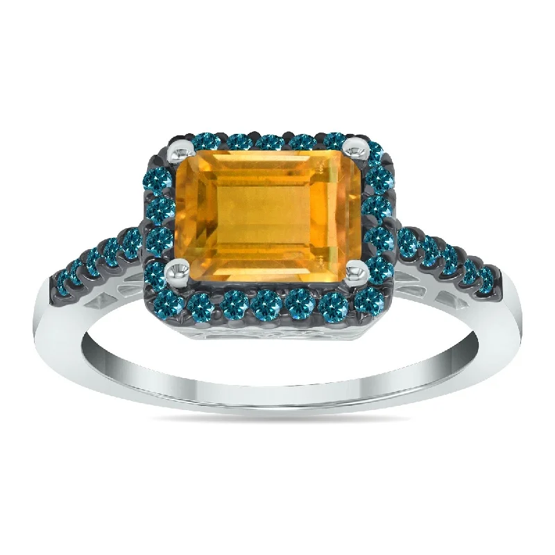 Marquee Jewels 2 1/2 Carat Emerald Cut Citrine and 1/3 CTW Blue Diamond Ring in 10K White Gold