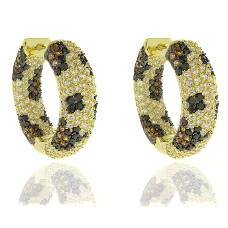 Dolce Giavonna Silver Overlay Cubic Zirconia Leopard Print Hoop Earrings