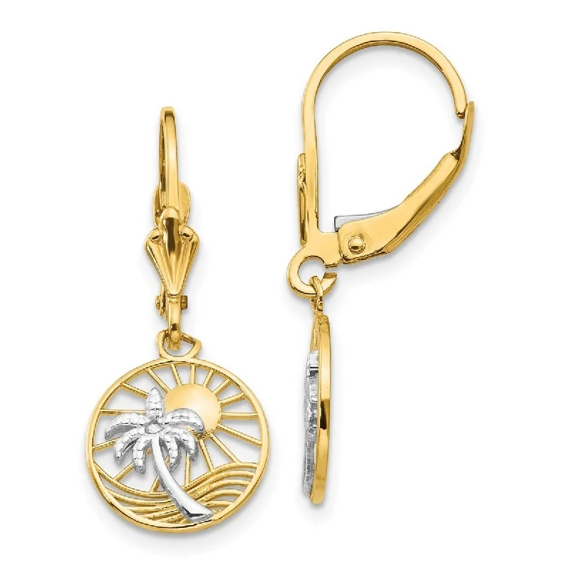 Curata 14k Yellow Gold with Rhodium Textured Sun and Palm Tree Lever back Earrings - 29x11mm