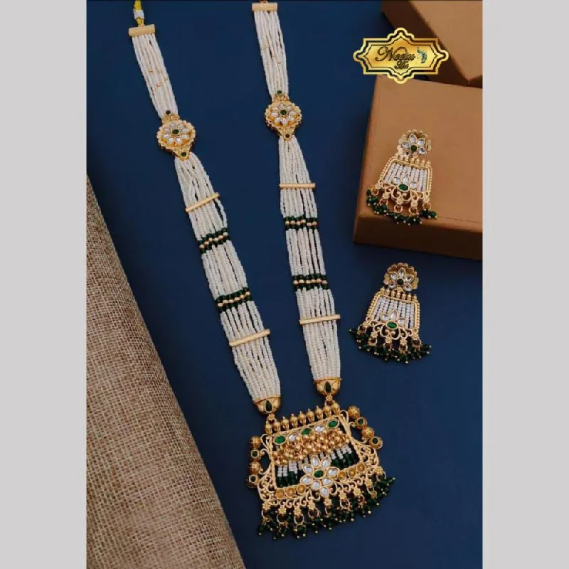 Neetu Art Gold Plated Pota Stone And Pearl Long Necklace Set