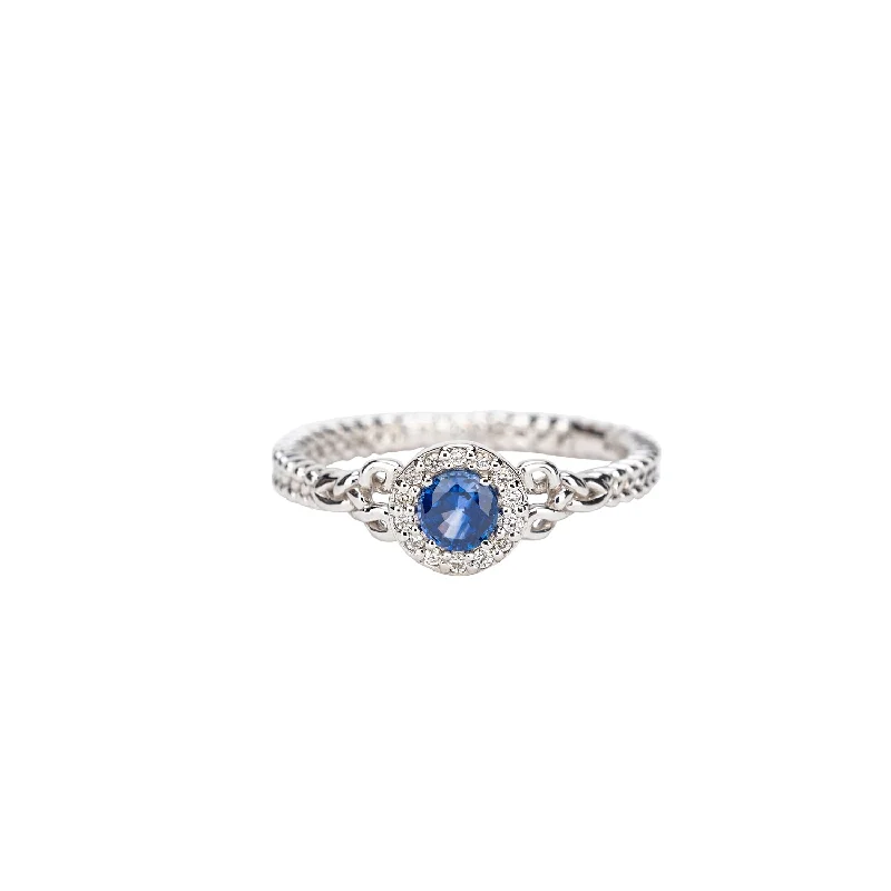 14k White Gold Trinity Blue Sapphire and Diamond Halo Ring