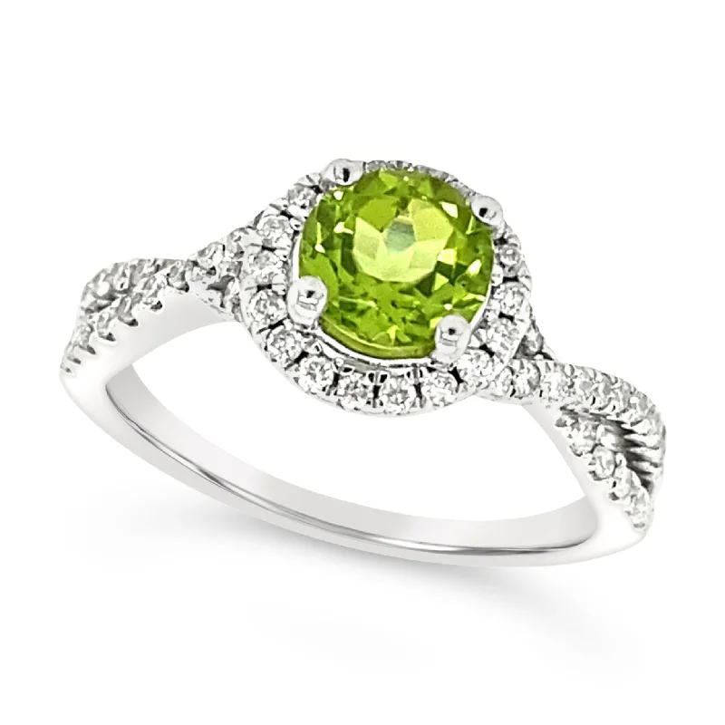 Peridot and Diamond Halo Crossover Ring