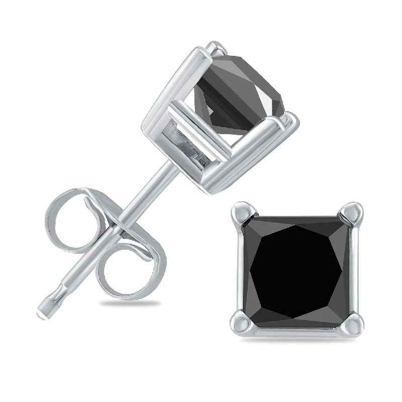 Marquee 1 Carat TW Princess Square Black Diamond Solitaire Earrings in 10K White Gold