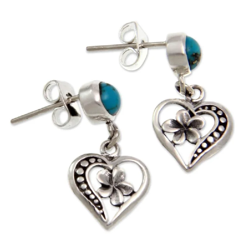 Handcrafted Sterling Silver 'Frangipani Hearts' Turquoise Earrings (Indonesia) - 0.9L*0.4W