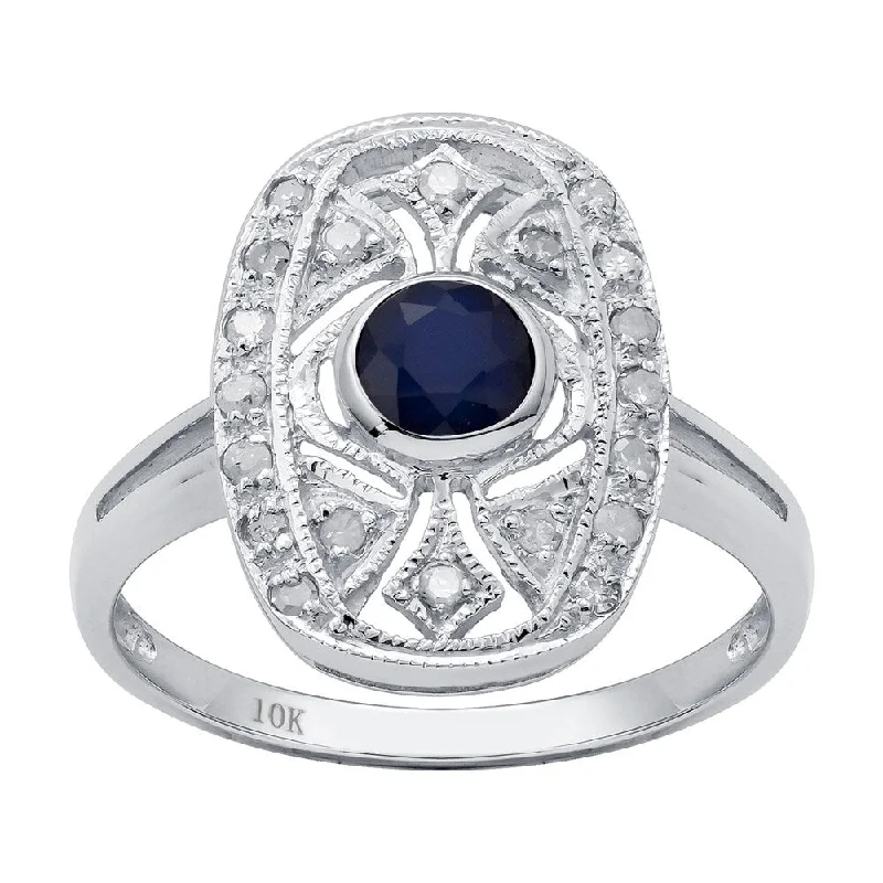 Viducci 10k White Gold Vintage Style Genuine Round Sapphire and Diamond Ring