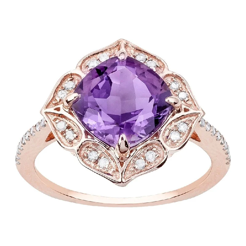 Viducci 10k Rose Gold Vintage Style Amethyst and Diamond Ring