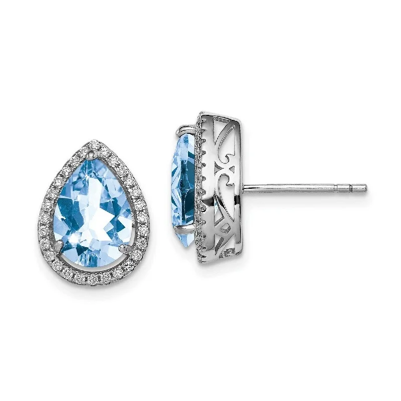 Curata 925 Sterling Silver Polished Created Aquamarine and CZ Cubic Zirconia 14x11mm Post Earrings