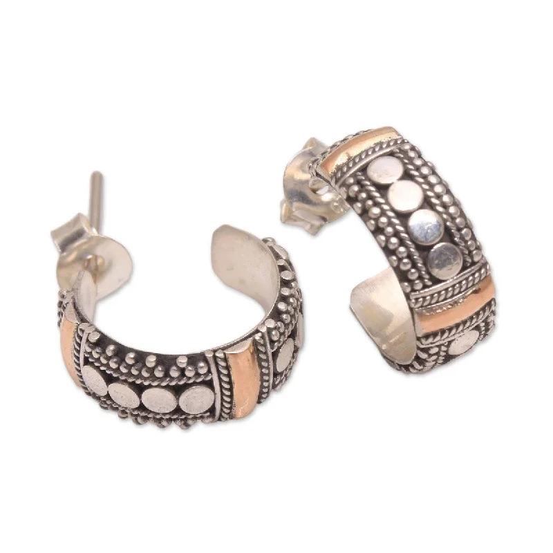 NOVICA Dotted Paths, Gold accented sterling silver half-hoop earrings - 0.6*0.2