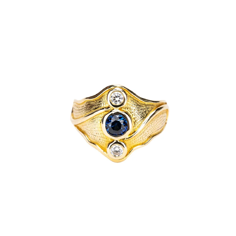 10k Yellow Gold Sapphire and Cubic Zirconia Rocks 'n Rivers  Ring