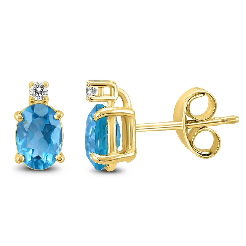 Marquee 14K Yellow Gold 6x4MM Oval Blue Topaz and Diamond Earrings