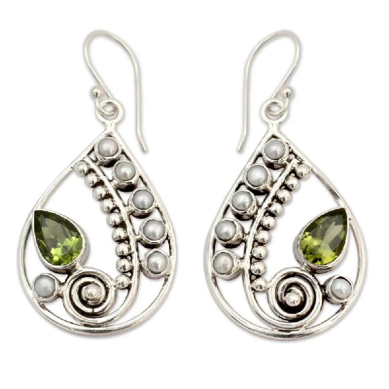 Peridot and Cultured Pearl Dangle Earrings, 'Inspired Paisley' (India) - 1.8*0.9